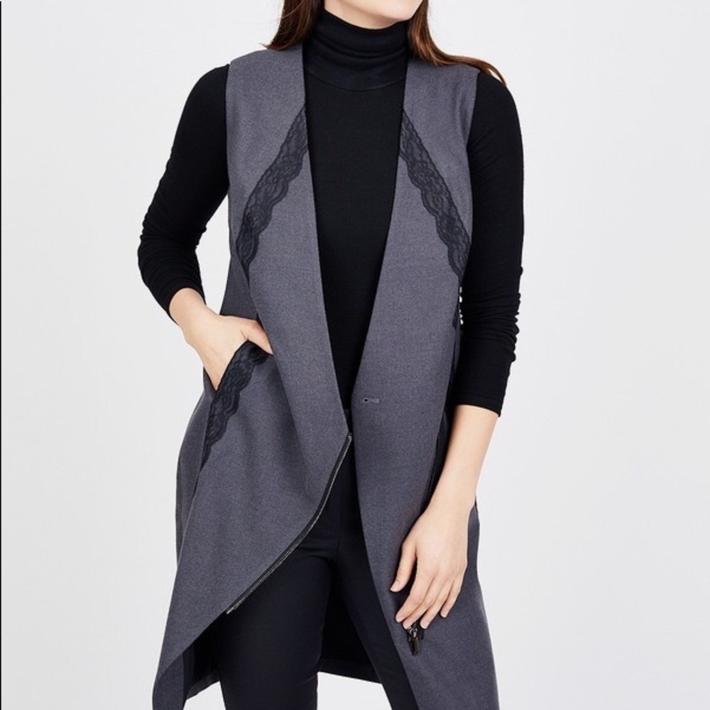 Sabie asymmetrical longline lace trim blazer vest